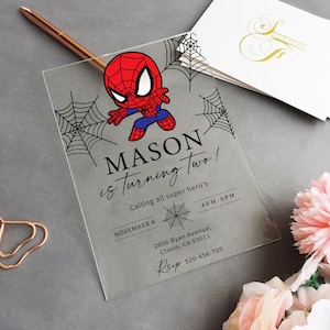 Invitation d’anniversaire acrylique bébé Spiderman, invitation à la fête d’anniversaire super-héros araignée, invitation à la fête des enfants Spiderman BIR-001