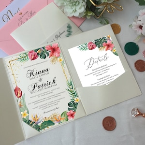 Tropical Floral Acrylic Wedding Invitation, Pink Orange Tropical Flowers Paradise Flower Acrylic Invite WI25-009