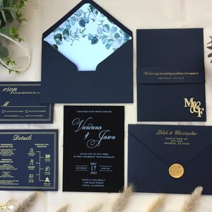 Black Gold Rose gold acrylic invitation wedding, Black acrylic wedding invite, Minimalist Wedding Invitation gold foil stamping WI-M015