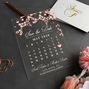 Retenez cette date en acrylique, réservez cette date en acrylique avec fleurs de cerisier, faire part de mariage fleurs de cerisier, calendrier acrylique WI-A074