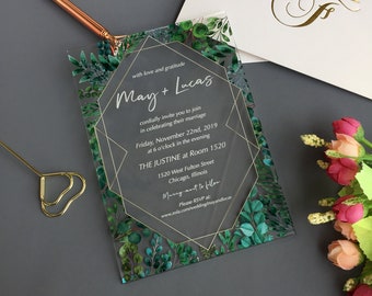 Custom Acrylic Wedding Invitation, Acrylic Invites, Luxury Invite, Transparent Invitation, Eucalyptus Invitation, Greenery Invite - WI-A001