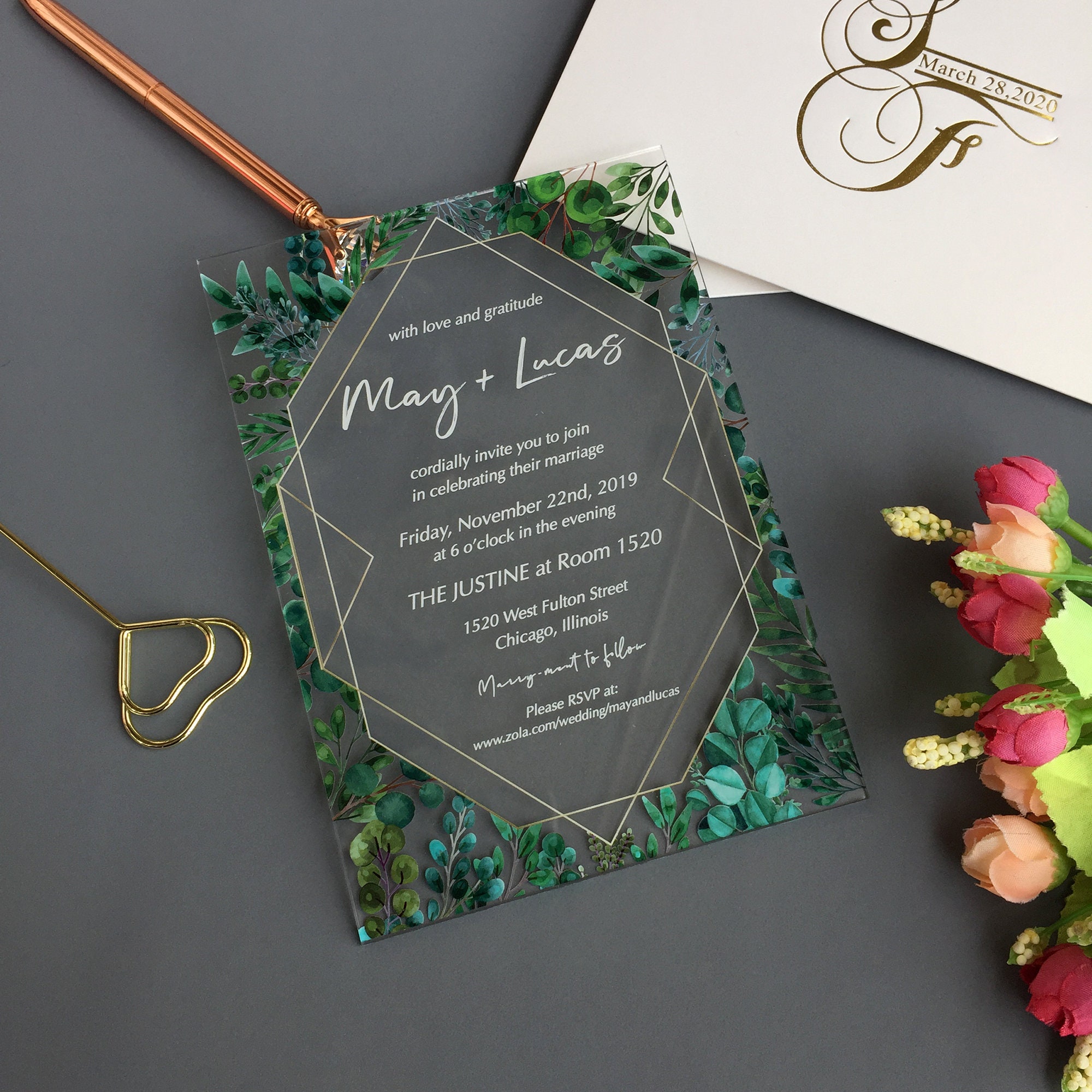 Luxurious Deep Green Glass or Acrylic Wedding Invitations with White  Florals - GL19