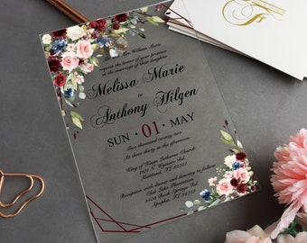 Custom Acrylic Wedding Invitation, Acrylic Invites, Blush Pink Floral Invitation, Burgundy, Navy flowers WI-A006