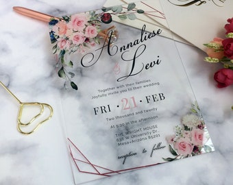 Pink , Blush Acrylic Wedding Invitations, Vintage Flowers Peach White Peony, Floral Roses Invite, Sweet 16 Invite WI-A050