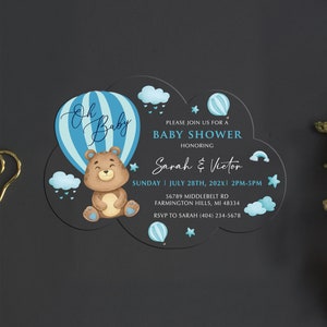 Teddy bear Hot air balloon Baby Shower Acrylic Invite, Baby Boy Baby Blue Baby Shower Invite, Cloud Shape Acrylic Invite BI-066