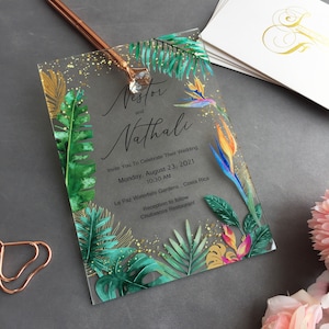 Tropical Acrylic Wedding Invitation, Paradise Acrylic Wedding Invite, Tropical Leaf Invites, Tropical Flowers Acrylic Invitation WI-A003