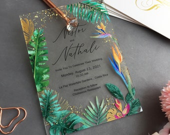 Tropical Acrylic Wedding Invitation, Paradise Acrylic Wedding Invite, Tropical Leaf Invites, Tropical Flowers Acrylic Invitation WI-A003