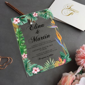Tropical Plants Acrylic Wedding Invitation, Tropical Leaf Invites, Tropical Flowers Acrylic Invitation, Palm Leaf Wedding Invitation WI-A003
