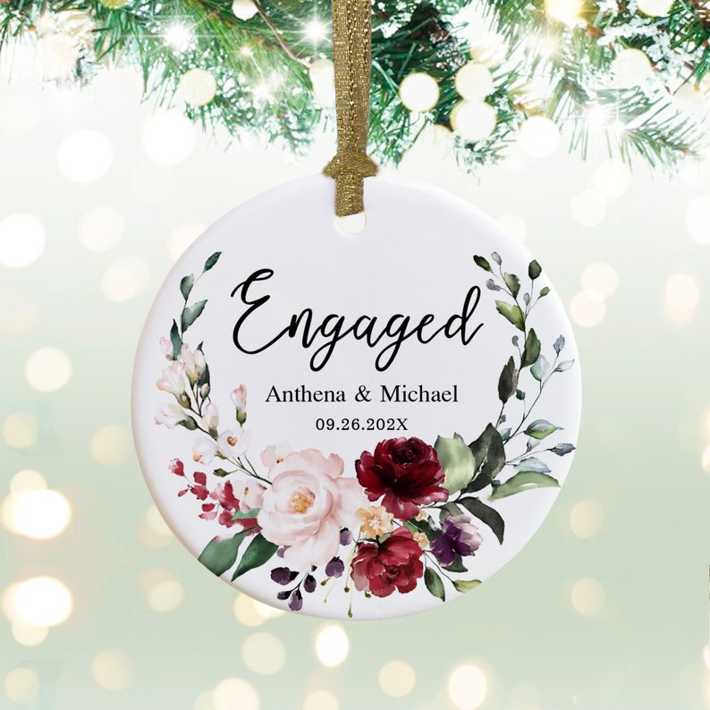 Personalized Engagement Ornament, Engaged Ornament with Names and Date, Engagement Gift for Couple, Engagement Party Gift-WO003 C