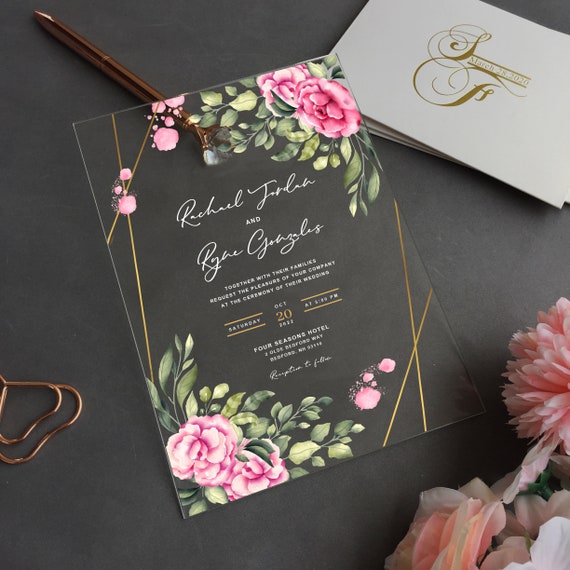 Wedding Acrylic Invitation, Watercolor Pink Flower, Roses Wedding Invite,  Custom Acrylic Wedding Invitation, Green Leaves WI-A019 