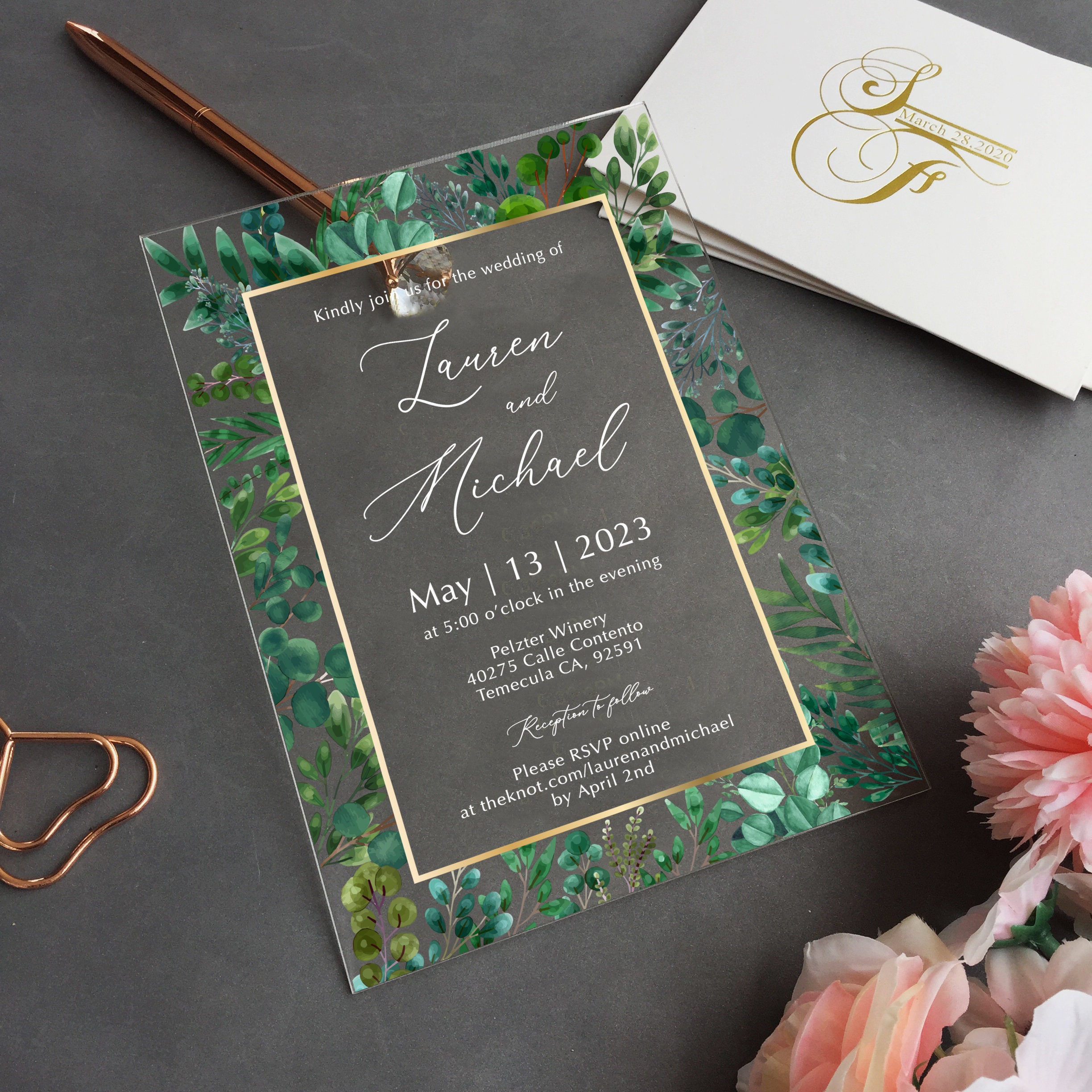 Tropical Wedding Invitation, Acrylic Invites, Hawaii Wedding, Palm Leaves,  Monstera, Tropical Bridal Shower Invitation, Gold, Black WI-A005 