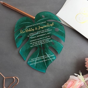 Monstera leaf Acrylic wedding invitation, Acrylic Tropical Wedding Invitation, Tropical Wedding Invite, Gold Royal, Greenery wedding invite