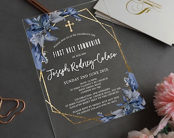 First Holy Communion Acrylic Invite, Baptism Acrylic Invite, Navy Blue Gold leaves, Christening Masculine Theme invitation BC-006