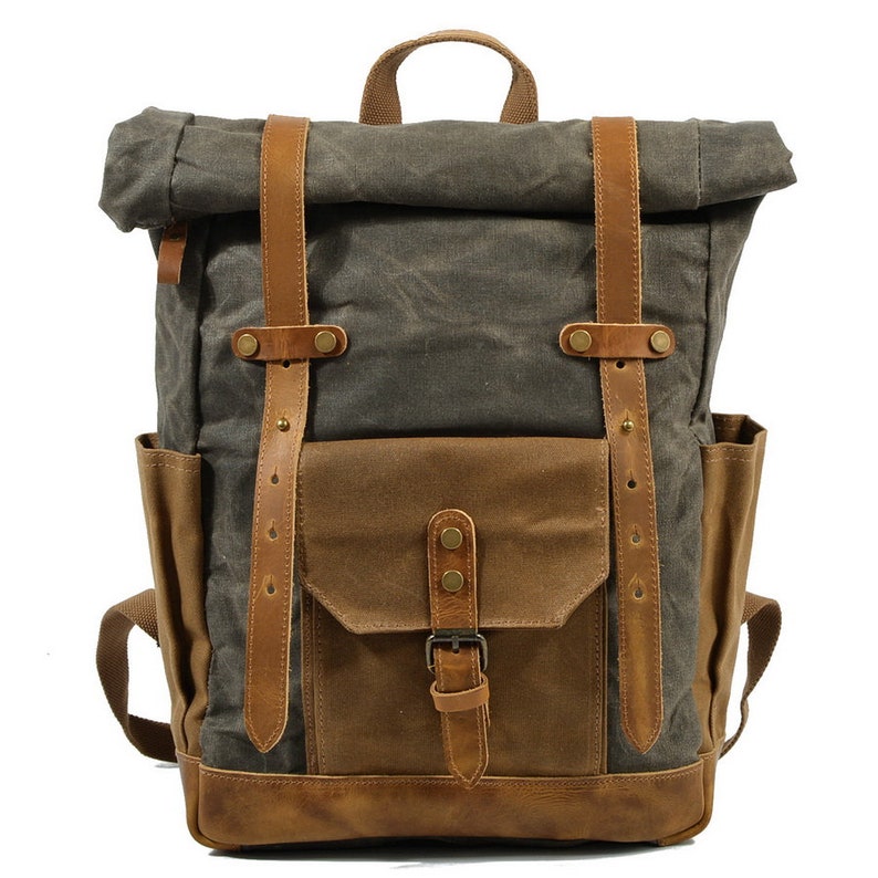 Waxed Canvas Leather Backpack With Roll up Top for Men Mens Etsy