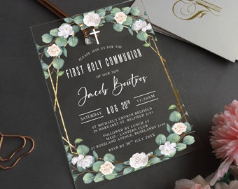 Acrylic Baptism Invite, Baptism Invitation Girl, First Holy Communion Invitation, Baptism Invitation-Eucalyptus Ivory White flowers BC-014