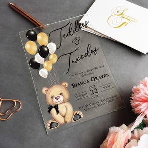 Acrylic Baby Shower Invitation, Teddy Bear Balloons Acrylic Invite, Teddies and Tuxedos Baby Shower, Gold Black Green Cream Balloons BI-013