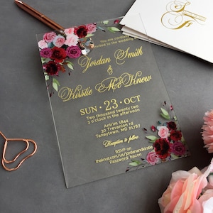 Custom Acrylic Wedding Invitation, Gold Acrylic Invites, Dusty Rose, Pink Rose, Peony, Cream floral, Burgundy roses Invitation WI-A008