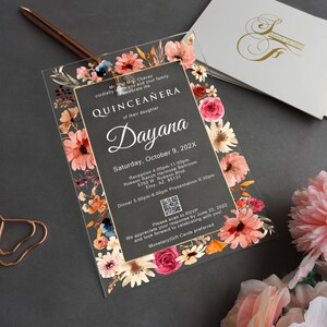 Autumn Flowers Quinceañera Sweet 16 Acrylic Invitation, Blush Pink Fushia Rust Brown Flower Quinceañera Sweet 16 Acrylic Invite QI-032