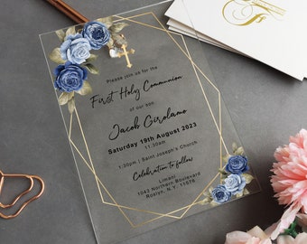 Boy First Holy Communion Acrylic Invite, Baptism Acrylic Invitation, Gold Hexagonal, Blue Flower Baptism Invite, Christening Invite BC-004
