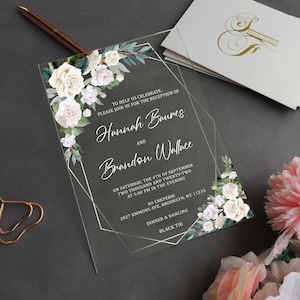 Invitación de boda de acrílico personalizada, Invitaciones de acrílico, Invitación de boda de rosas blancas, Invitación de flores blancas, Plata, Acuarela floral WI-A002