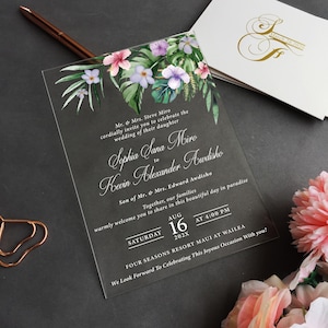 Tropical Flower Acrylic Wedding Invitation, Summer Beach Acrylic Wedding Invite, Hibiscus Flower Palm Leaf Wedding, Tropical Plants-WI25-001