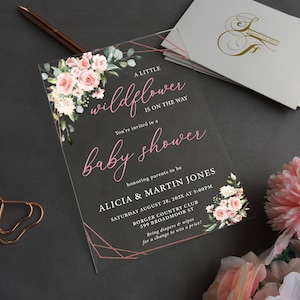 Acrylic Blush Pink Baby Shower Invitation, Acrylic Baby Shower invites, floral invites, It&#39;s a girl, Acrylic invitation,Arylic Invite BI-002