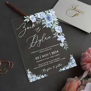 Acrylic Wedding Invites, Custom Acrylic Wedding Invitation, Floral Invitation, Watercolor, Baby Blue, Light Blue Roses WI-A081