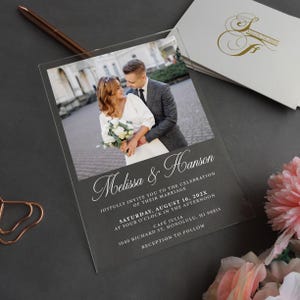 Custom Photo Acrylic Wedding Invitation, Gold Acrylic Invites, Acrylic Invitation with Picture, Eucalyptus, Peony, Rose, Blush WI-A060