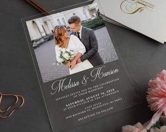 Kundenspezifisches Foto Acryl Hochzeitseinladung, Goldacryl lädt ein, Acryleinladung mit Bild, Eukalyptus, Pfingstrose, Rose, blush WI-A060