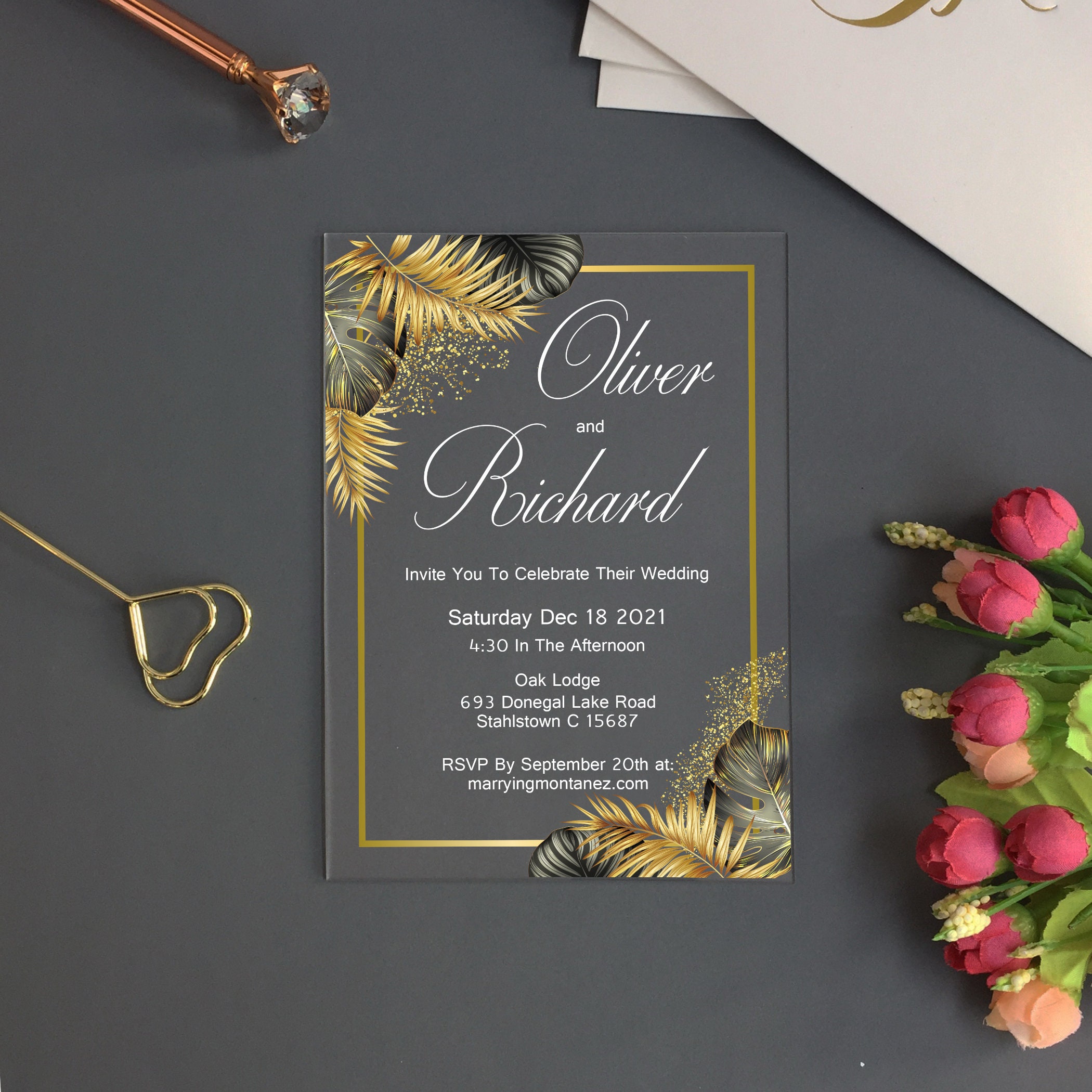 Tropical Wedding Invitation, Acrylic Invites, Hawaii Wedding, Palm Leaves,  Monstera, Tropical Bridal Shower Invitation, Gold, Black WI-A005 