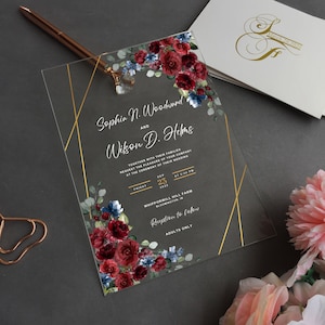 Custom Acrylic Wedding Invitation, Acrylic Invites, Burgundy roses wedding invitation, Red flowers invite, Watercolor floral-WI-A004