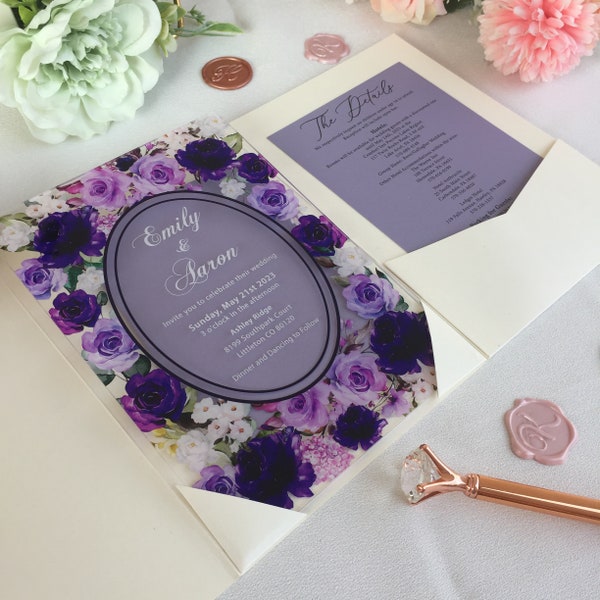 Purple Roses Acrylic Wedding Invitation, Lavendar Rose Wedding Invite, Light Purple Roses Wedding Invite, Lilac Arylic Wedding Invite WI-010