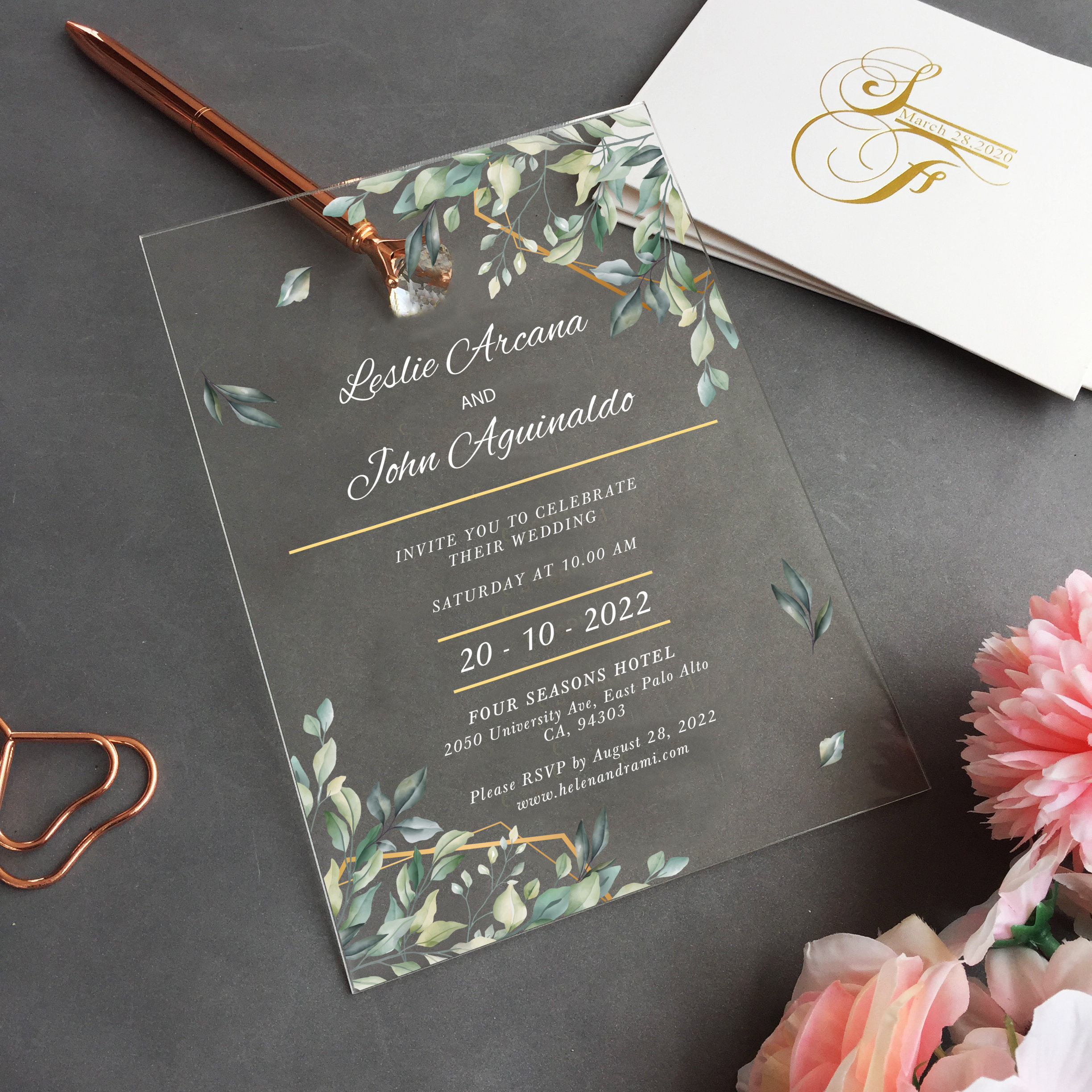 Invitación de boda custom greenery, boda de greenery diy, invitaciones de  eucalipto de oro falso, invitación de boda acrílica personalizada WI-A022 -  Etsy México, image size:2448x2448