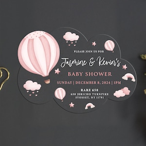 May include: A pink and white baby shower invitation with a hot air balloon, clouds, and stars. The invitation reads "Please join us for Jasmine & Kevin's Baby Shower, Sunday | December 8, 2024 | 1PM, RARE 650, 650 Jericho Turnpike, Syosset, NY 11791."