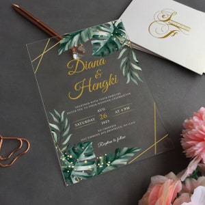 Acrylic Tropical Wedding Invitation, Tropical Leaves Wedding Invitation, Palm Leaves Wedding Invitation, Beach Wedding Invite, Aloha WI-025