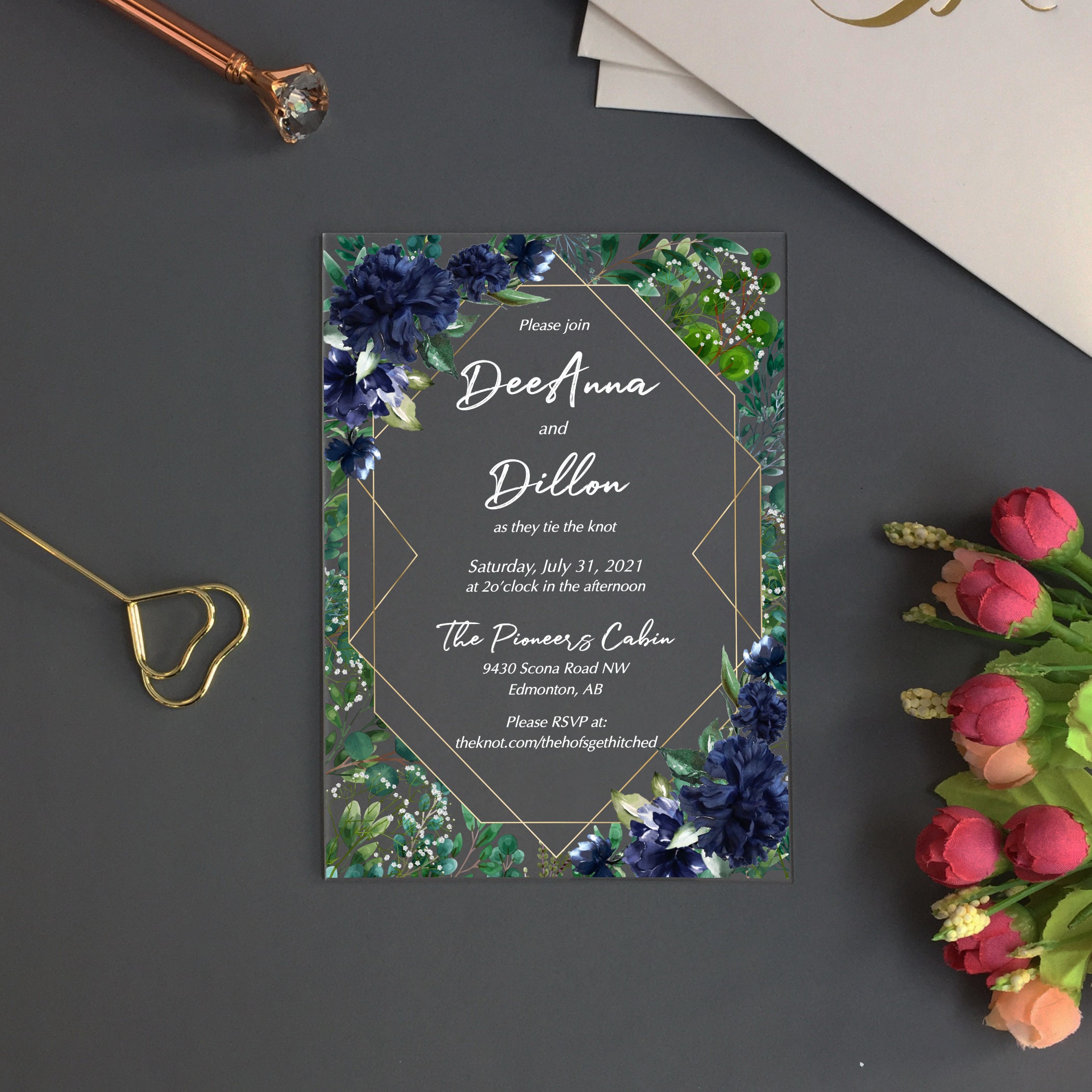 Enchanted Forest Acrylic Wedding Invitations with White Peonies and Roses -  GL23