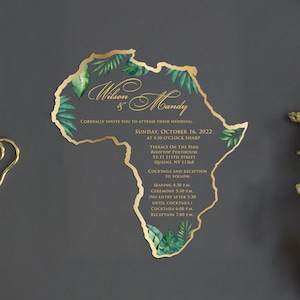 Invito a nozze con carta geografica africana, invito a nozze tropicali in acrilico, matrimonio a tema africano, oro Royal African WI-A044