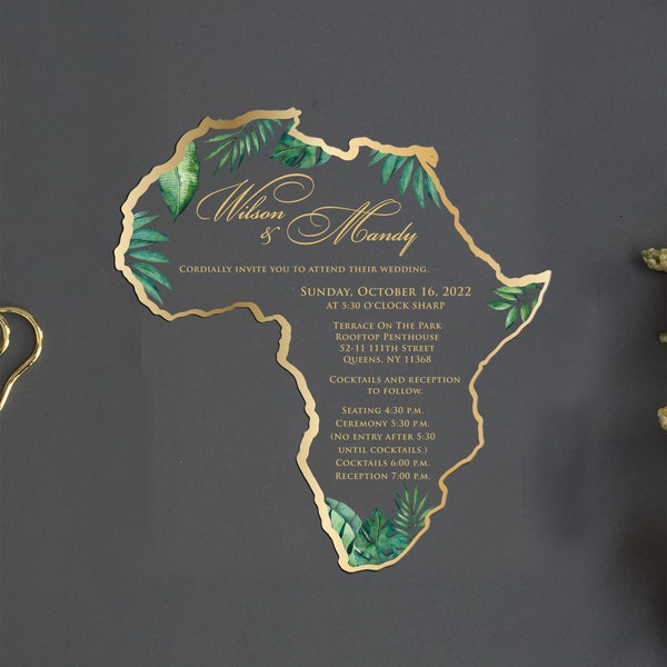 African map wedding invitation, Acrylic Tropical Wedding Invite, African theme Wedding, Gold Royal African WI-A044