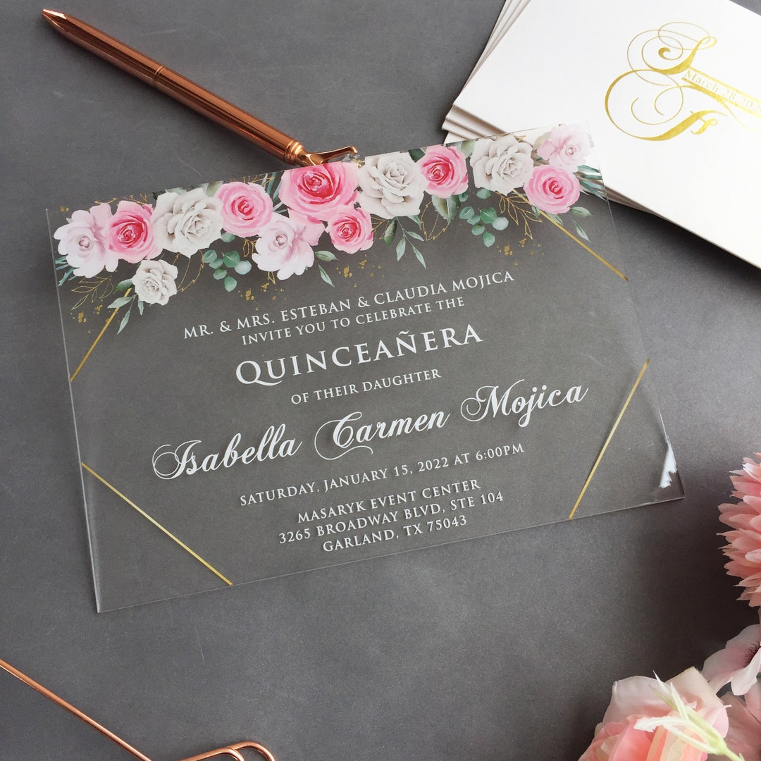 Acrylic Quinceañera Invitation, Sweet 16 Invitation, Acrylic Invite,15th Birthday Invite, Gold