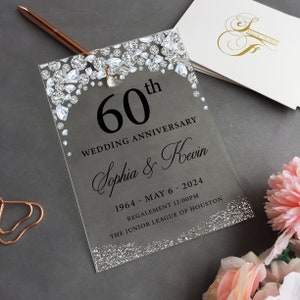 Invitation acrylique du 60e anniversaire de mariage -Invitation à la fête du 60e anniversaire, invitation à l’anniversaire de diamant, invitation acrylique de renouvellement de vœux BI-003