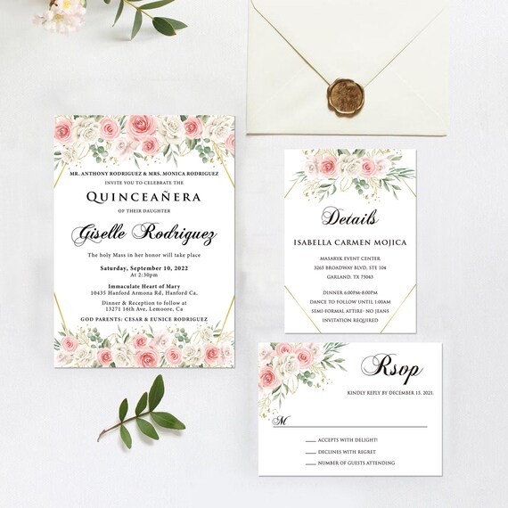 Printed Floral Quinceanera Invitation Birthday Invitations - Etsy