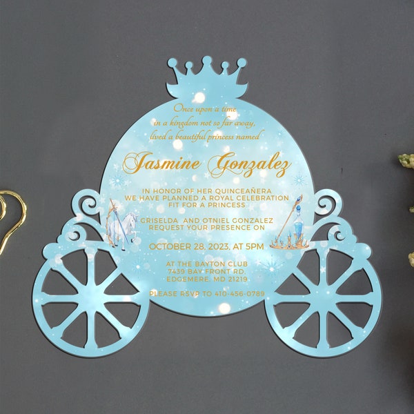 Cinderella Carriage Quinceañera Acrylic Invite, Cinderella Carriage Birthday Invite, Princess Baby Pink, Baby Blue, Cinderella Sweet 16