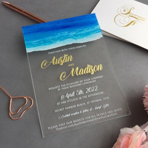Strand Acryl Hochzeitseinladung, Ozean Hochzeit einladen, Unter dem Meer Hochzeitseinladung, Strand Acryl einladen, Goldhochzeit einladen WI-A028
