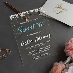 Snowflakes Sweet 16 Acrylic Invitation, Sweet 16. Acrylic birthday invitation. Winter themed invitation. Clear acrylic invitation QI-012