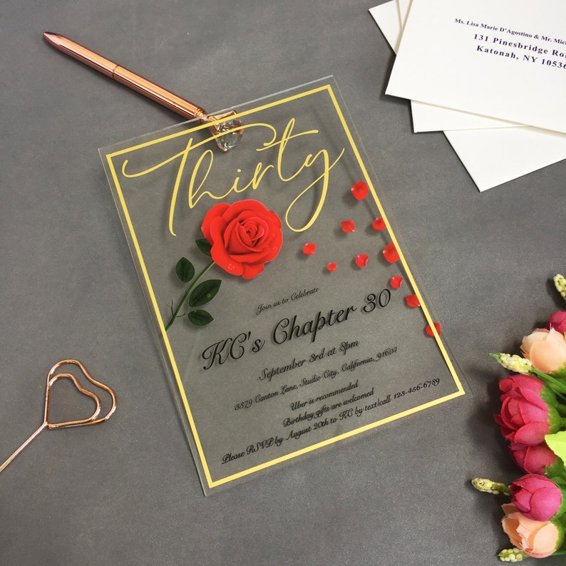 Acrylic 30th Birthday Invitation Red Roses Greenery Birthday Etsy