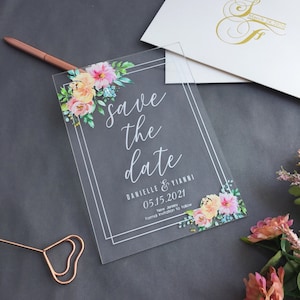 Acryl Save the Date Karte, Floral Save the Date, Acryl Pink, Silber, Gold, Greenery Modern Minimalistische Save the Date Karten WI-A017