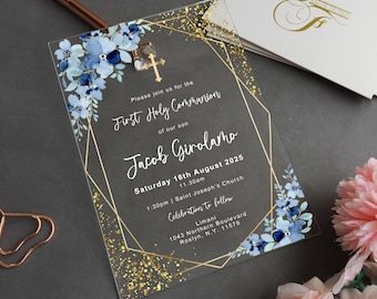 Boy First Holy Communion Acrylic Invite, Baptism Acrylic Invitation, Greenery Hexagonal, Blue Floral Christening invitation BC-007