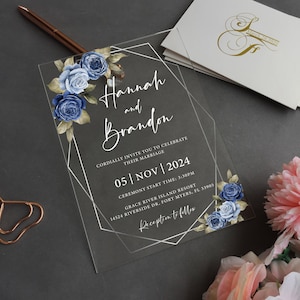 Custom Acrylic Wedding Invitation, Acrylic Invites, Dusty Blue flowers invite, Navy floral, Light Blue flower, Silver WI-023