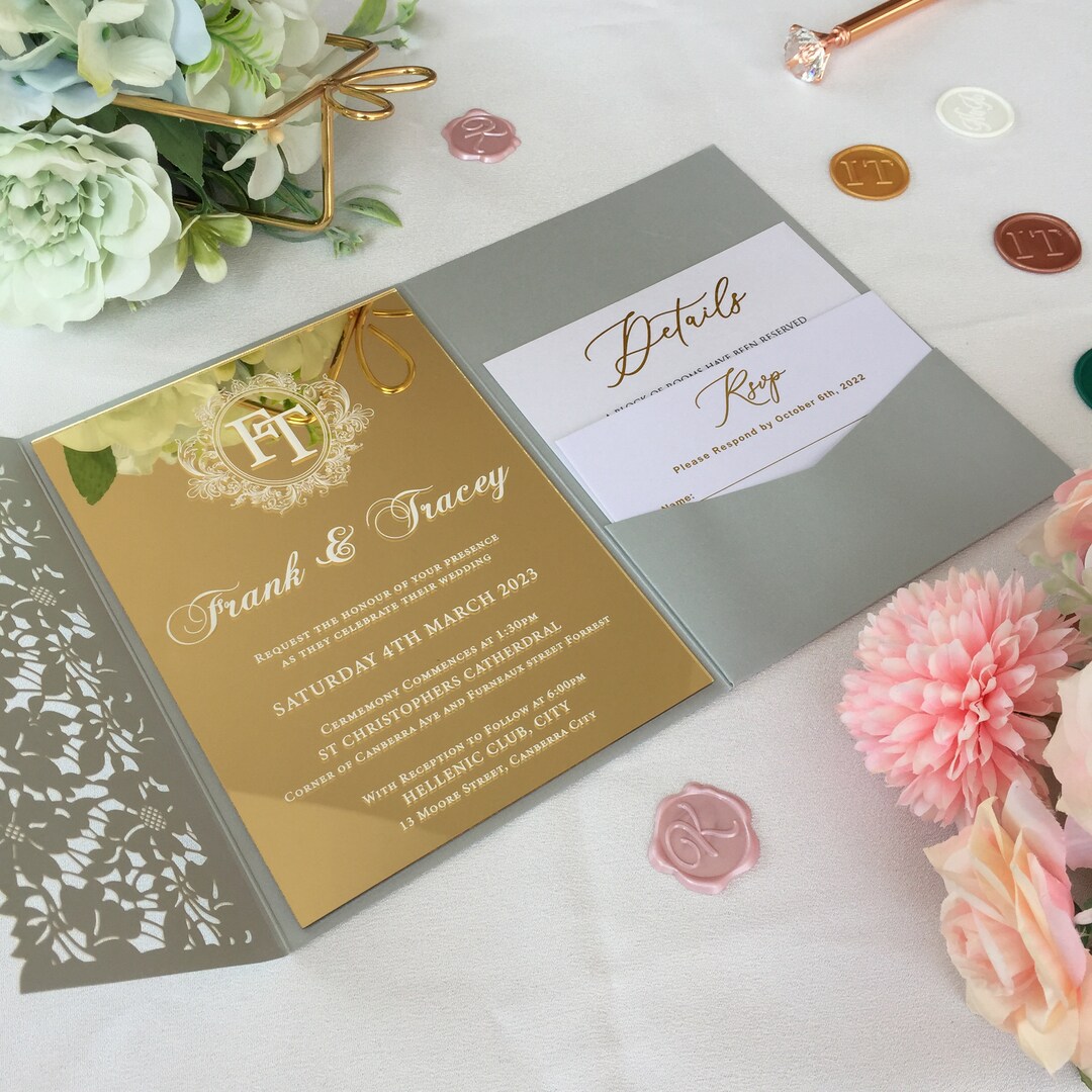 Gold Acrylic Invitation Wedding 2 Mm Gold Invitation Etsy