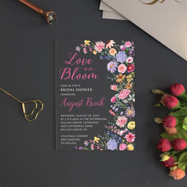 Love is in Bloom Bridal Shower Acrylic Invitation, Wildflower Wedding Shower Acrylic Invite, Colorful Garden Flowers Invite WI-A073